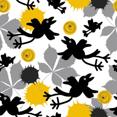 Kuşlar, kestaneler ve kestane yaprakları. Kusursuz karalama kalıbı. Vektör illüstrasyonu.