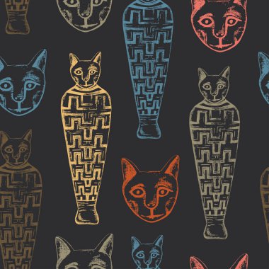 Neon mumyalanmış kedi. Eski bir Mısırlı kedi mumyasıyla kusursuz bir desen. El çizimi illüstrasyon. 