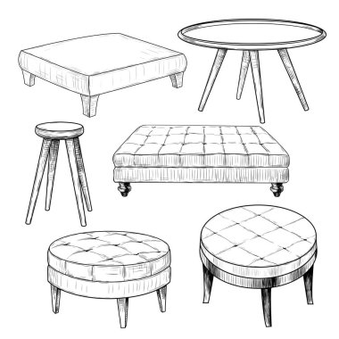 Çeşitli kahve masalarının çizimleri. Klasik tarzda elle çizilmiş vektör çizimi. İzole tasarım elementleri. Clipart. 