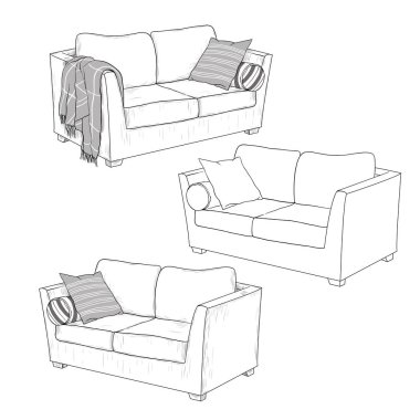 The image of the sofa in various versions. Hand drawn vector illustration on white background. Interior sketch. clipart