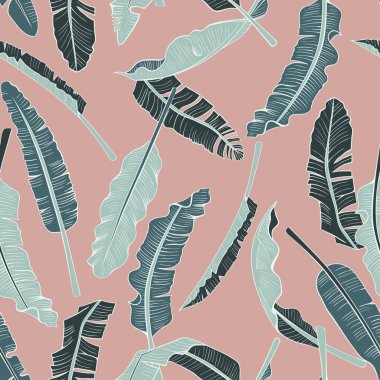 Muz yaprakları. Elle çizilmiş, pürüzsüz bir şekil. Orman dokusu. Vektör illüstrasyonu.