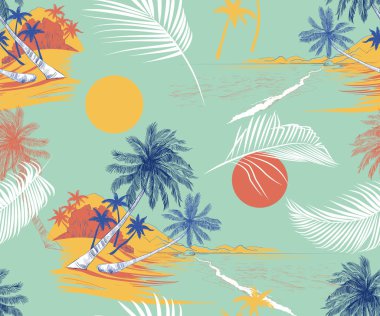Egzotik manzaralı kusursuz bir desen. Hindistan cevizi palmiyeleri, güneş, deniz kıyısı. Klasik plaj illüstrasyonu. Renkli vektör dokusu.