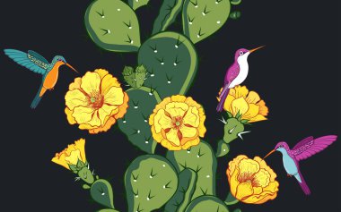  Çok renkli sinekkuşları ve Çiçekli Opuntia. Siyah bir arka planda egzotik, pürüzsüz bir desen. Vektör vintage dokusu. 