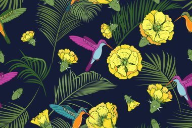 Çok renkli sinekkuşları ve palmiye yaprakları. El çizimi, egzotik doğanın kusursuz deseni. Beyaz arkaplanda vektör dokusu.