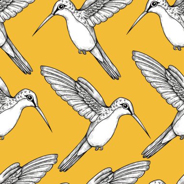 Şirin sinekkuşları. Uçan kuşlarda kusursuz desen. Sarı zemin üzerine oyulmuş elementler işlenmiş klasik doku.