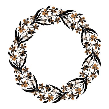 Orkide çelengi. Beyaz arka planda egzotik çiçeklerin vektör yuvarlak çerçevesi. Resmi şablon.