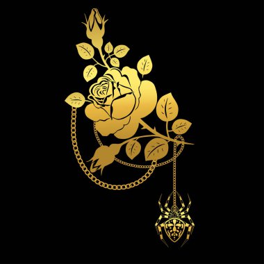  Tomurcukları ve yaprakları olan gül, örümcek haçı ve altın zincirler. Vektör çizimi. Siyah arkaplanda altın siluetler.