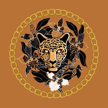 Orkidelerle çevrili leopar portresi. Vahşi bir hayvanın başı, egzotik çiçekler ve altın bir zincir. El çizimi vektör illüstrasyonu, panel.