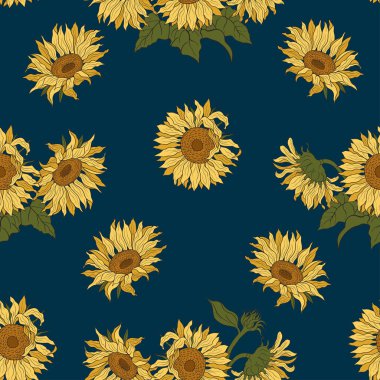 Ayçiçekleri. Kusursuz vektör deseni. El çizimi çiçek çizimi.