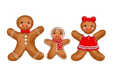 Zencefilli çörek ailesi. Anne, baba ve bebek. Tatil pişirmenin vektör çizimi. Noel koleksiyonu.