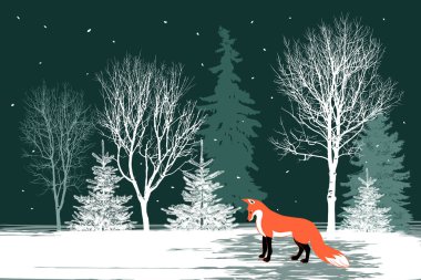 Winter forest. Silhouettes of various trees, pine  and fox in the foreground. Color vector illustration of wildlife.  clipart