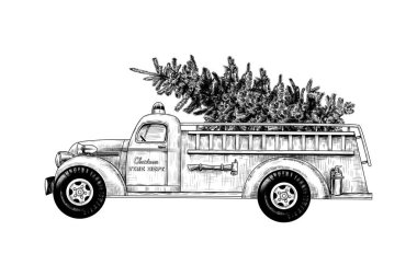 Noel itfaiye arabası. Beyaz arka planda Noel ağacı olan klasik itfaiye aracı. Retro kart. Siyah beyaz çizim.
