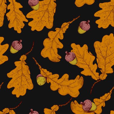 Kuru meşe yaprağı ve meşe palamudu. El çizimi pürüzsüz desen. Sonbahar koleksiyonu. Vektör illüstrasyonu. 