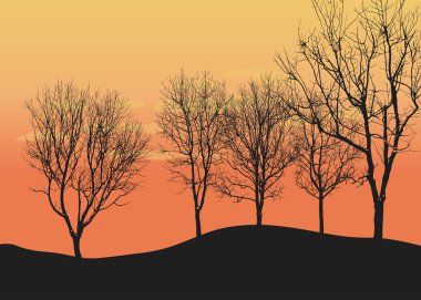 Gün batımında tepelerde farklı ağaç siluetleri. Doğanın renk vektör illüstrasyonu.