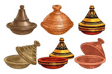Tagine koleksiyonu. El yapımı geleneksel çömlek. Vektör illüstrasyonu. 