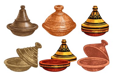 Tagine collection. Hand-drawn traditional pottery . Vector illustration.  clipart