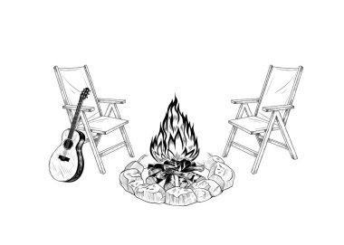 A pair of folding chairs, a guitar and a bonfire. Vector vintage illustration. Campfire Songs.  clipart