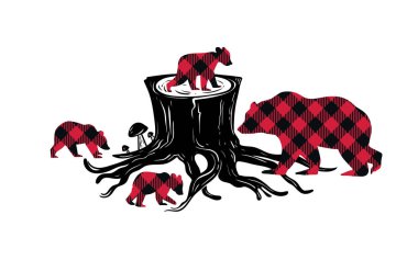  Large forest stump, Buffalo Plaid she-bear and her curious cubs. Vector illustration of wildlife. clipart