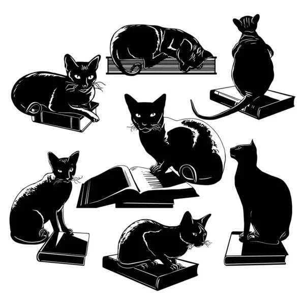 Silhuetas de gatos em livros . — Vetor de Stock