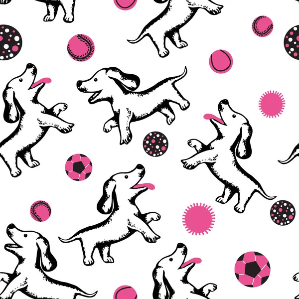 Seamless Pattern Cute Puppies Playing Balls Vector Illustration — ストックベクタ