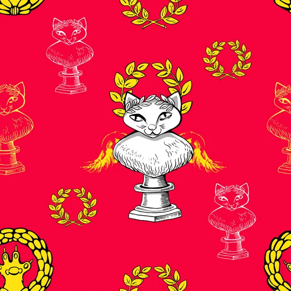 Patrón Sin Costuras Con Retrato Escultórico Gato Coronas Estilo Romano — Vector de stock