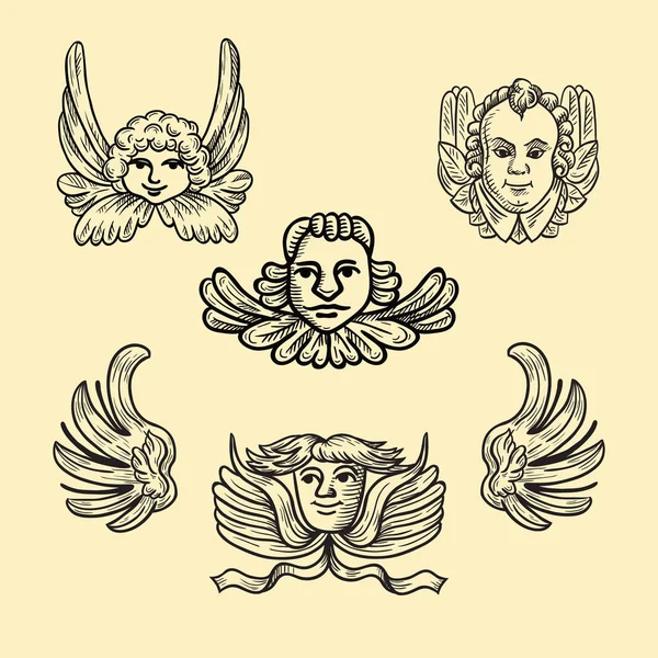 Vector Collection Heads Angels Wings Vintage Style Hand Drawn Isolated — Stock Vector