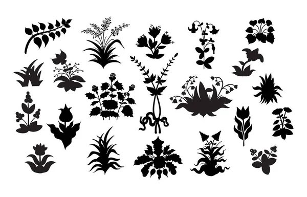 Una Gran Colección Diversas Siluetas Elementos Vegetales Flores Bayas Ramas — Vector de stock