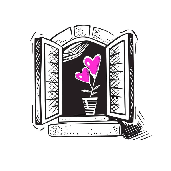 Open Window Heart Shaped Flower Windowsill Hand Drawn Vector Illustration — Stock Vector