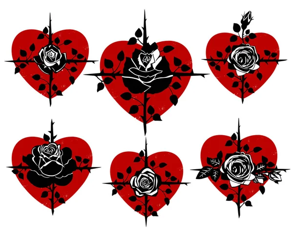 Собрание Сердец Силуэтами Роз Кресте Колючих Ветвей Листьями Векторная Иллюстрация — стоковый вектор
