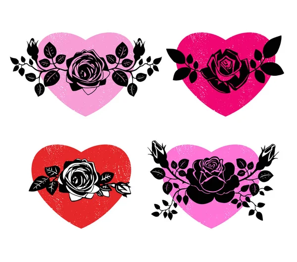 Συλλογή Από Διάφορες Καρδιές Σιλουέτες Από Τριαντάφυλλα Φύλλα Κλαδιά Και — Διανυσματικό Αρχείο