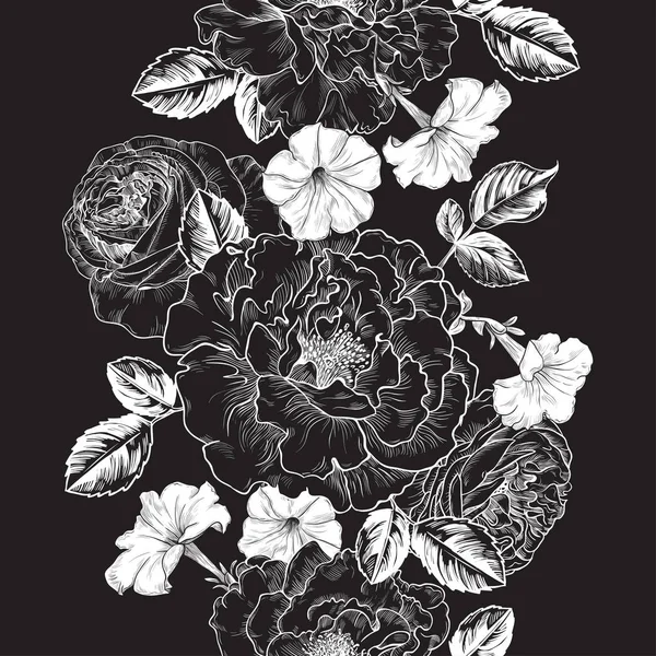 Róże Petunie Wektor Bezszwowy Wzór Kwiatowy Odcieniach Czerni Bieli — Wektor stockowy