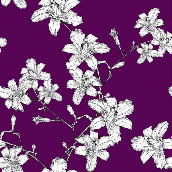 Motif Sans Couture Avec Des Lis Blancs Sur Les Branches — Image vectorielle