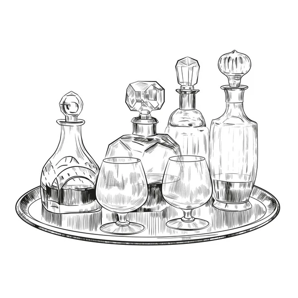 Векторний Ескіз Окулярами Алкогольними Напоями Кристалічних Окулярах Блюдці Рука Намальована — стоковий вектор