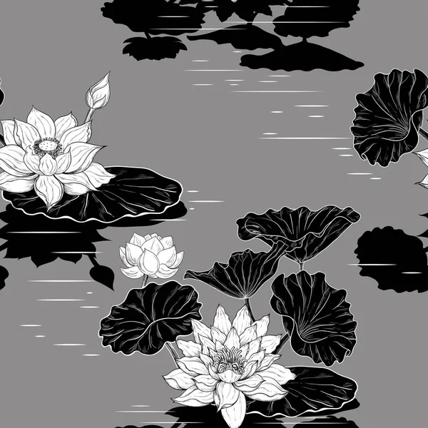 Seamless Pattern Lotus Flowers Hand Drawn Monochrome Composition Vector Drawing — Stock Vector
