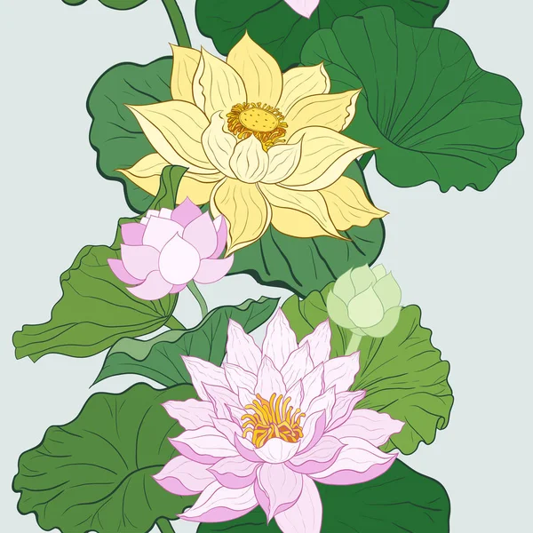 Sömlöst Kantmönster Med Blommor Knoppar Och Lotusblad Handritad Vektorillustration — Stock vektor