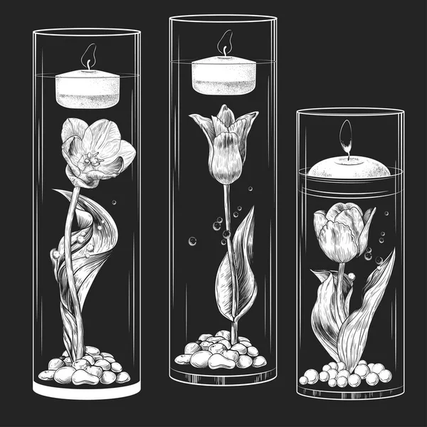 Hand Drawn Collection Floating Candles Glass Vases Flasks Tulips Artificial — ストックベクタ