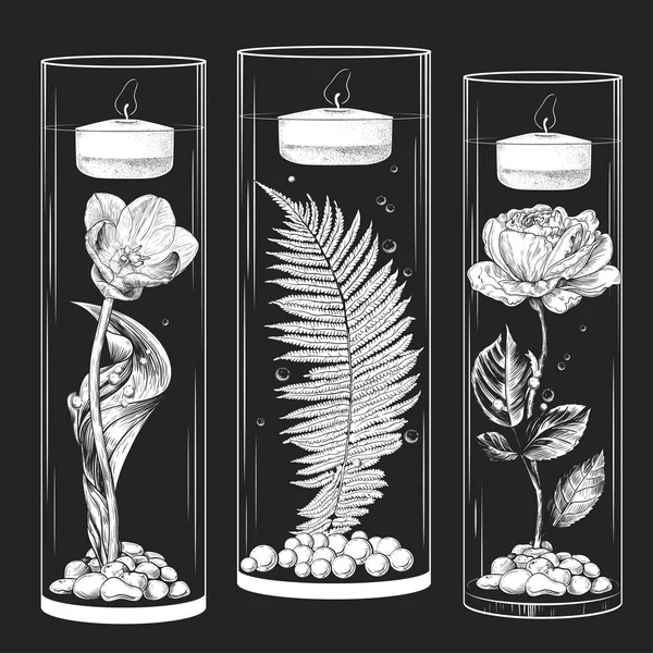 Een Met Hand Getekende Verzameling Van Drijvende Kaarsen Glazen Vazen — Stockvector