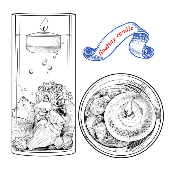 Une Bougie Flottante Dessinée Main Avec Différentes Coquilles Dans Vase — Image vectorielle
