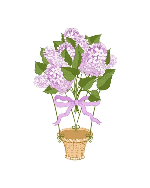 Buket Bunga Lilac Terbang Dengan Pita Dan Busur Terikat Keranjang - Stok Vektor