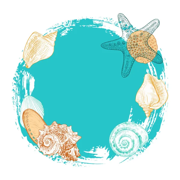 Frame Turquoise Spot Various Seashells Hand Drawn Vector Illustration White — Stock Vector