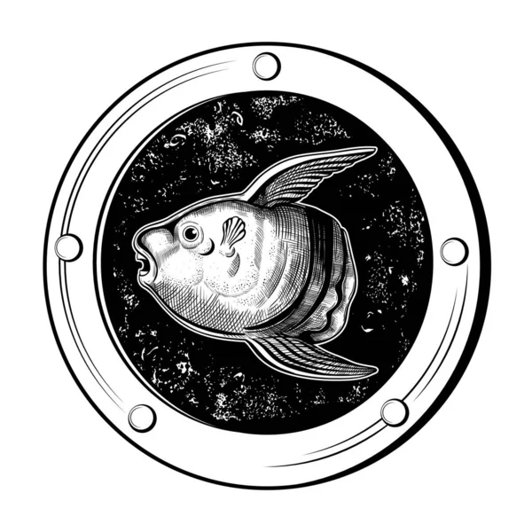 Poisson Lune Dans Porthole Vector Fenêtre Ronde Noir Blanc Image — Image vectorielle