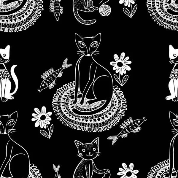 Patrón Sin Costuras Doodle Con Gatos Divertidos Sobre Fondo Negro — Archivo Imágenes Vectoriales