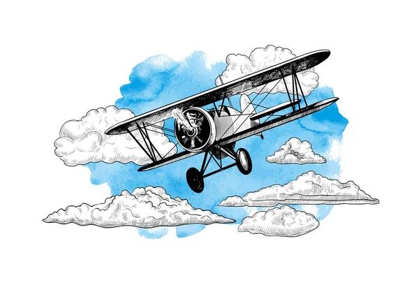 Gökyüzünde Bulutlu Bir Uçak Suluboya Lekeli Bir Çift Kanatlı Uçak — Stok Vektör