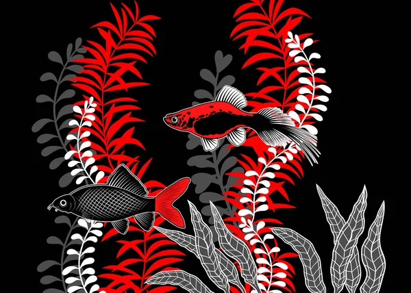 Composición Con Peces Acuario Plantas Acuáticas Fondo Vectorial Ilustración Dibujada — Archivo Imágenes Vectoriales