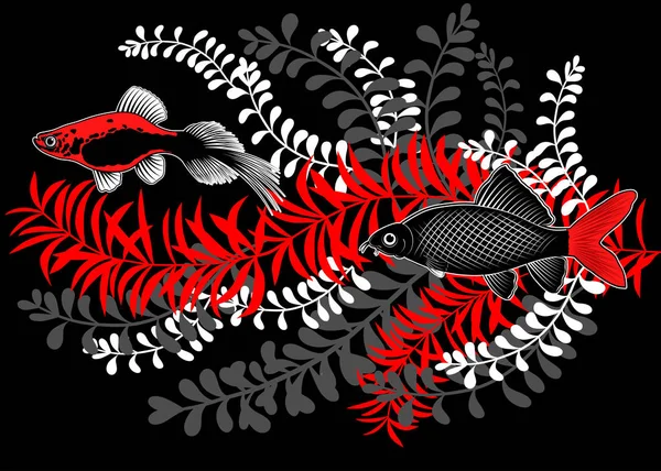 Composition Avec Des Poissons Aquarium Des Plantes Aquatiques Illustration Dessinée — Image vectorielle