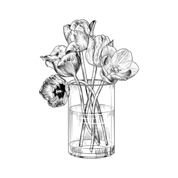 Tulips Glass Vase Hand Drawn Vector Illustration Sketch Style Isolated — Stock Vector