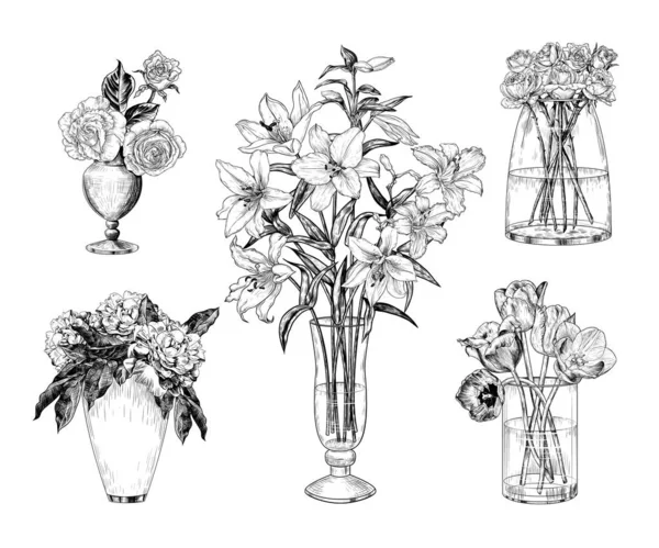 Collection Different Bouquets Vases Roses Tulips Peonies Lilies Hand Drawn — Stock Vector