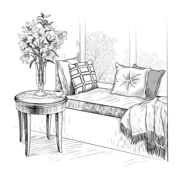 窗台上的沙发 靠窗的座位 手工绘制的矢量插图的复古风格 内部草图 — 图库矢量图片