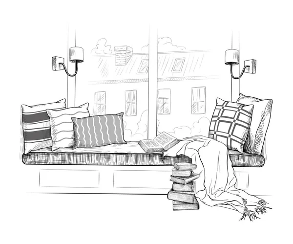 窗台上的沙发 靠窗的座位 一个读书的地方 手工绘制的矢量插图的复古风格 内部草图 — 图库矢量图片