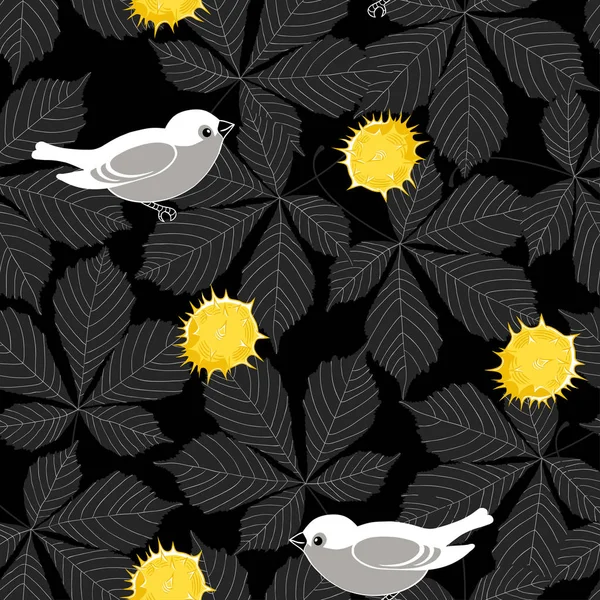 Птахи Каштани Листя Каштана Векторний Безшовний Візерунок Чорному Тлі Ілюстрація — стоковий вектор